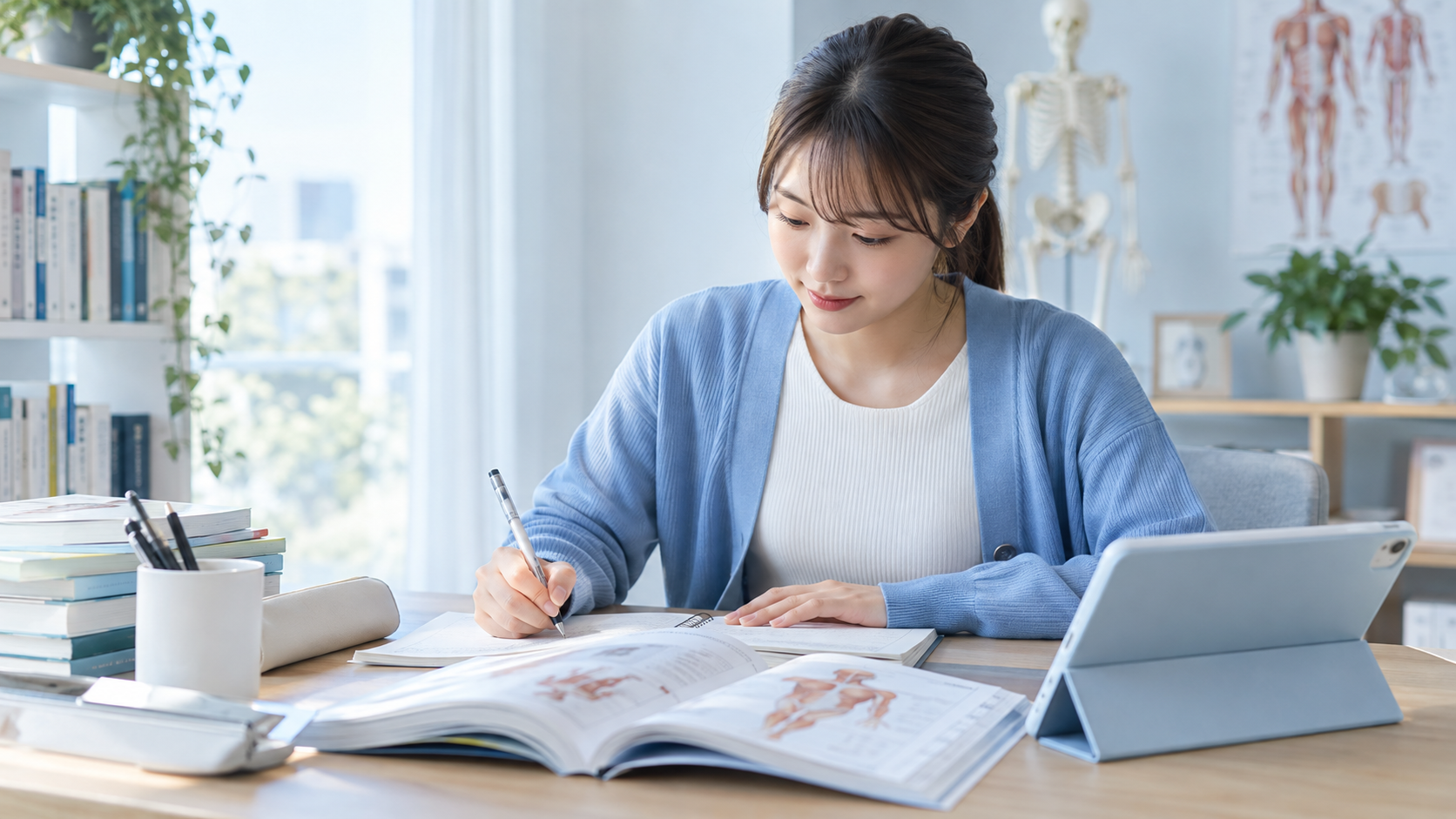教材とタブレットを使って学習する受験生